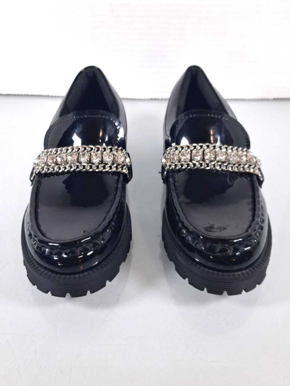 Steve Madden Girls Size 1 Black Taylar Loafers Slip On Shoes Rhinestone Accent